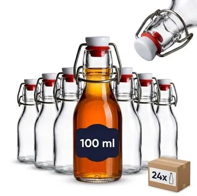 Productafbeelding van 24-delige set glazen flesjes rond (0,10 l) met beugelsluiting voor likeur siroop olie azijn sap porties en decoratie (BFR100)