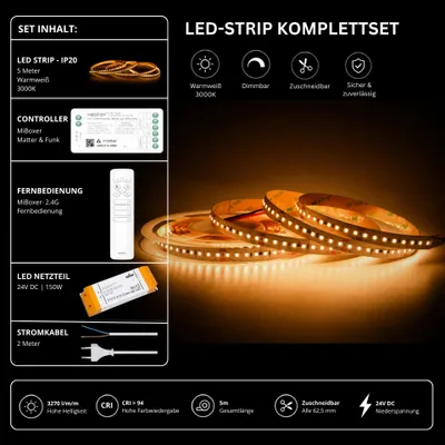 Produktbild von LED Streifen Set High Power Warmweiß 3000K – SMD LED Streifen 24V, 22 W/m, 3270 lm/m, 5m – SS150 Netzteil, SM2 Matter Controller und C1 Fernbedienung Weiß