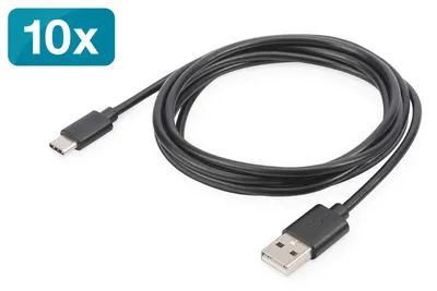Produktbild von Digitus USB Type-C™ Anschlusskabel, 10er Pack, 1,8 m, USB C, USB A, USB 2.0, 0,48 Gbit/s, Schwarz