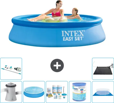 Produktbild von Intex runder aufblasbarer Easy Set-Schwimmpool – 244 x 61 cm – Blau – inklusive Pumpe Sonnensegel - Wartungspaket - Filter - Bodenplane - Staubsauger - Solarmatte