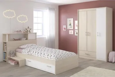 Image de Chambre Enfant Complète PARISOT CHARLEMAGNE, Lit 90x190 cm avec Tiroir Réversible, Armoire 3 Portes, Acacia Clair et Blanc