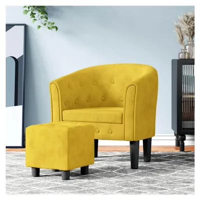 Produktbild von Clubsessel mit gepolstertem Sitz und Armlehnen, Cocktailsessel mit Fußhocker, Loungesessel, Relaxsessel, Gelb Samt