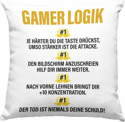 Produktbild von Trendation - Gamer Deko-Kissen mit Füllung 40x40 Geschenk Jungs Jungen Zocker Mitbringsel Männer Deko-Kissen mit Füllung 40x40n Zocken Gaming Geschenkideen PC Kinder Zubehör Spruch Lustig (Grau)