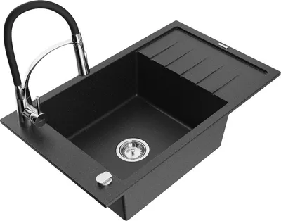 Produktbild von Mexen Elias 1 Becken-Granitspüle mit Abtropffläche und Mischbatterie Aster, Schwarz/Silbermetallic - 6511-73-73450-07