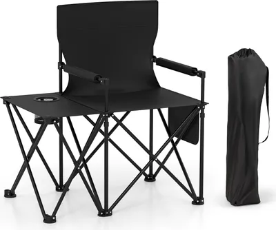 Produktbild von COSTWAY 2er Set Campingstühle, Klappstühle mit Seitentisch, Becherhalter, Seitentasche & Armlehnen, Angelstühle klappbar bis 150kg, Faltstuhl Schwarz
