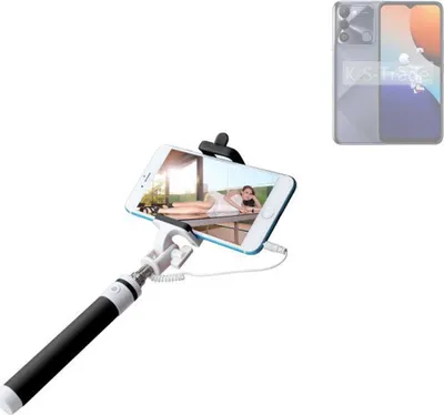 Produktbild von K-S-Trade Selfie Stick kompatibel mit Tecno Spark 9   Selfiestick kabelgebunden Monopod mit Kabel Stab Stange Selfportrait Handheldstick schwarz 1x
