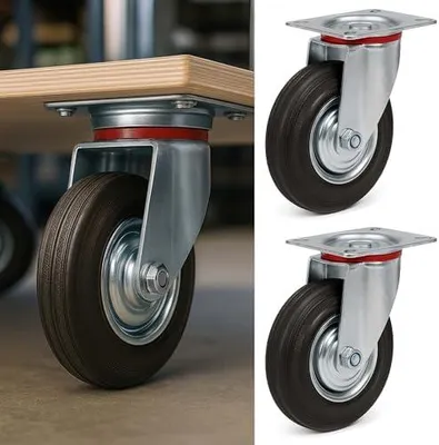 Produktbild von Set von 2 Lenkrollen mit Vollgummirad Ø200mm, Tragfähigkeit bis 150kg pro Rad, Metallfelge und Anbauplatte, leiser Betrieb