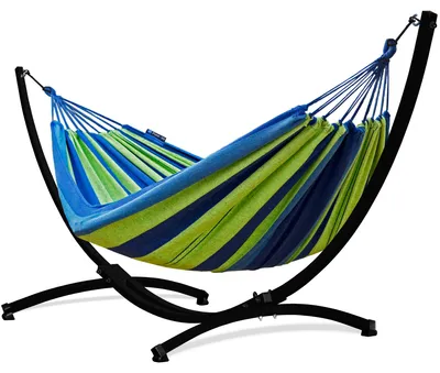 Produktbild von Potenza Outdoor Hängematte mit Gestell für 2 Personen I Baumwolle Doppelhängematte XXL 220x160, 200kg I Schwarz Hängemattengestell 220kg, wetterfest
