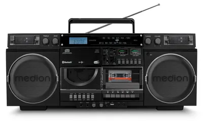 Obrázek produktu pro MEDION P66538 Kazetový magnetofon (retro boom box s CD přehrávačem, 80. léta, velký, USB, SD, CD, kazetový MC, DAB+ rádiová teleskopická anténa, Bluetooth, kazetový magnetofon, funkce nahrávání, napájení bateriemi) černý