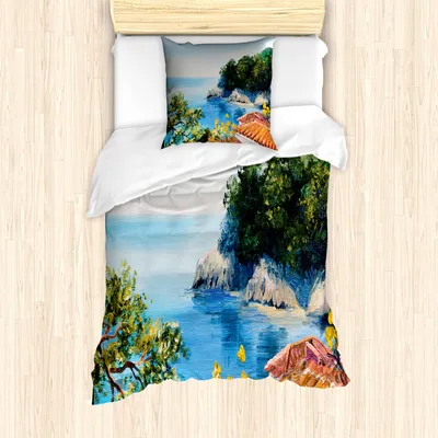 Produktbild von ABAKUHAUS Romantisch Mantele, Mittelmeer-Landschaft, Milbensicher Allergiker geeignet mit Kissenbezügen, 135 cm x 200 cm - 80 x 80 cm, Blau, Grün, Orange