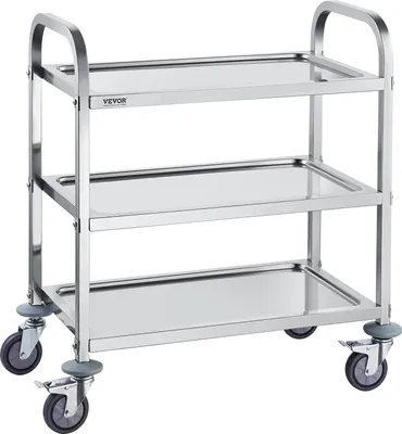 A three-tiered stainless steel utility cart with wheels, shown against a white background.