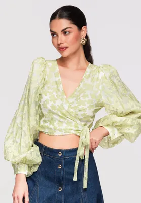 Produktbild von LARICA Wickelbluse Kurzarm Chiffon Bluse mit Blumenmuster OW-TS-E0035 green L