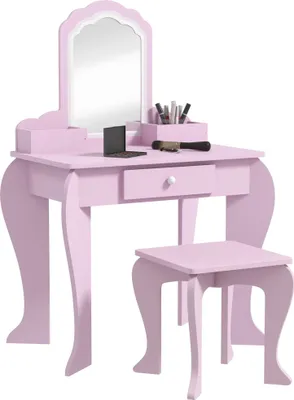 Image de Coiffeuse pour enfant avec tabouret et miroir, table de maquillage avec tiroir et 2 compartiments, 55x36x86cm, rose