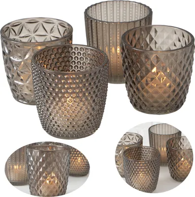 Produktbild von LS-LebenStil 4´er Set Glas Teelichthalter Retro Grau 7cm Teelichtglas Windlichthalter Kerzenhalter Kerzenglas Kerzenständer für Teelichter