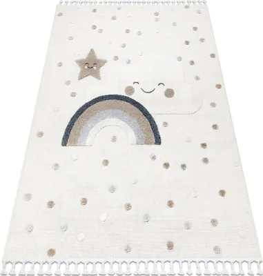 Produktbild von Teppich YOYO EY78 weiß / beige - Wolke, Regenbogen, Punkte für Kinder, strukturell, sensorische Fransen beige 140x190 cm