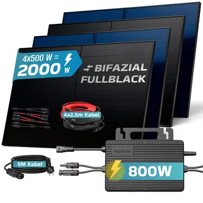 Produktbild von SUNNIVA 2000W Balkonkraftwerk BIFAZIAL FULLBLACK komplett Steckdose VAYSUNIC VM800WE-BE-P2 800W Wechselrichter, Solaranlage 4x500W Glas Solarmodule
