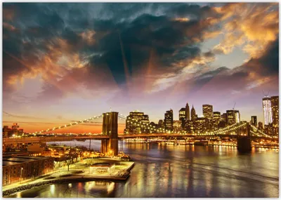 Produktbild von XXL Poster 100 x 70cm (S-819) New York City Skyline im Sonnenuntergang mit der Brooklyn Bridge über den East River im Vordergrund (Lieferung gerollt )