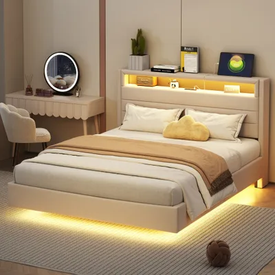 Produktbild von okwish Polsterbett Doppelbett 140 x 200 cm mit USB-Ladeanschluss und LED-Beleuchtung, Funktionelles Stauraumbett mit Kopfteil mit Stauraum(Ohne Matratze)- Grau