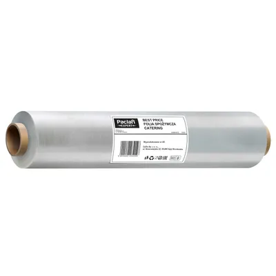 A roll of plastic food wrap on a cardboard tube, presented on a white background.