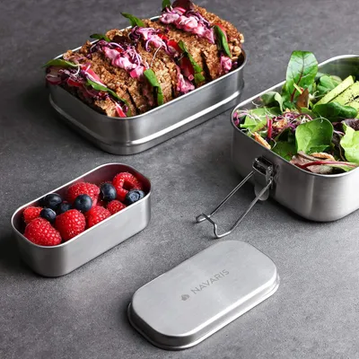 Produktbild von Brotdose aus Edelstahl - 3-teiliges Set - Meal Prep Behälter - Frischhaltedose - Doppelte Lunchbox - Spülmaschinenfest