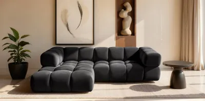 Produktbild von Ecksofa Designersofa BLANCHE in Stoff Bluvel Schwarz Ottomane Links