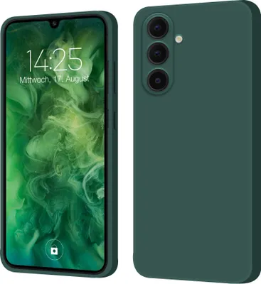 A product shot of a phone case, showing the front and back of a smartphone with a green case.