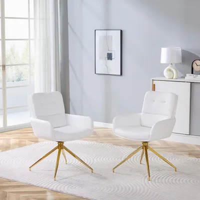 Produktbild von 2er-Set 360° drehbare Esszimmerstühle, weißes PU, goldene Metallbeine, 85 cm