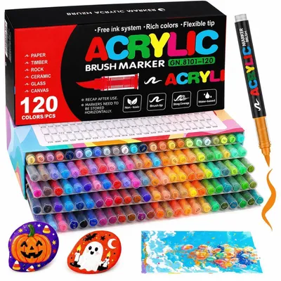 Immagine prodotto di Pennarelli acrilici, 120 colori, resistenti all'acqua, a base d'acqua, ideali per la pittura su pietra, legno, vetro e tessuto