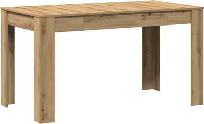 A wooden dining table with four legs, presented against a white background.