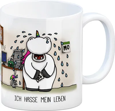 Produktbild von Honeycorns Kaffeebecher mit Einhorn Motiv und Spruch: Ich hasse mein Leben