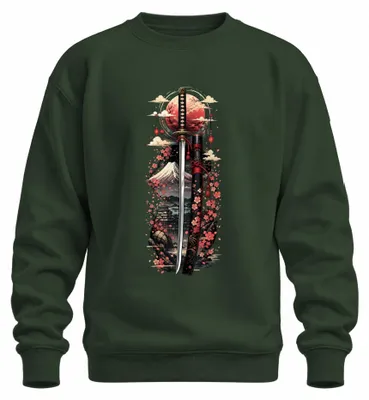 Obrázok produktu pre Japonský meč katana, samuraj, sakura, Japonsko, štýl Y2K, mikina s kapucňou, farba: zelená, veľkosť: XXL