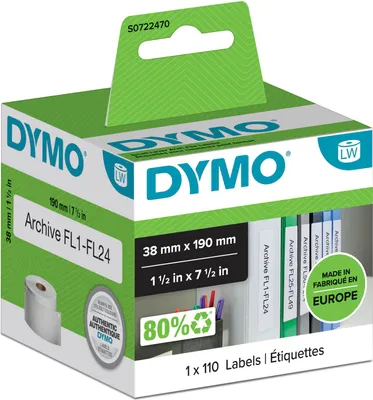 Produktbild von DYMO Original LabelWriter-Ordner-Etiketten | 38 mm x 190 mm | Rolle mit 110 leicht ablösbaren Etikettenband | selbstklebend | für LabelWriter Etikettendrucker und Beschriftungsgerät