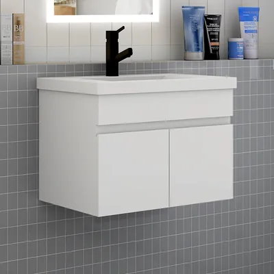 Produktbild von Badezimmer Badmöbel 60 cm Dickes Keramik Waschtisch mit Unterschrank Hängeschrank Badezimmerschränke Badschrank mit 2 Türen Weiß Matt