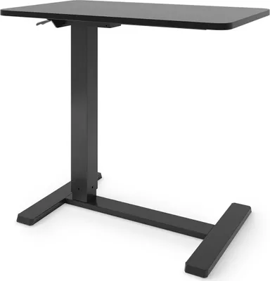 A black, mobile, height-adjustable side table with a single central leg and a rectangular base with two feet. The table is shown from a slightly angled front view against a white background.