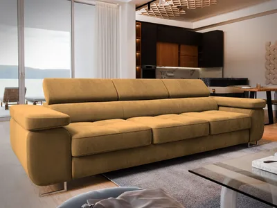 Produktbild von Sofa MOSINE Gelb Velours-Stoff mit Schlaffunktion, Wohnzimmersofa, Couch, Soffa, Bettsofa, Couchgarnitur- Gelb, MONOLITH 48