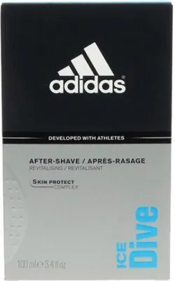 The image shows the front of a product box for Adidas Ice Dive After Shave.