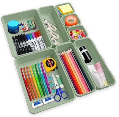 Obrázok produktu pre Uniqoos® Sada 8 organizérov do zásuviek, priehľadná modrá farba, plast – 3 kusy: 7,62 x 7,62 x 4,5 cm, 2 kusy: 23,34 x 15,72 x 4,5 cm, 3 kusy: 23,34 x 7,62 x 4,5 cm, vhodné do domácnosti a kancelárie