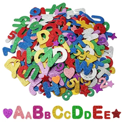 Productafbeelding van Moosgummi plakletters set - 488 glinsterende letterstickers - knutselmateriaal - kleurrijk