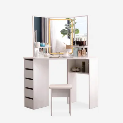 Image de Coiffeuse d'angle 3 miroirs, lumière LED, tabouret et tiroirs Elettra