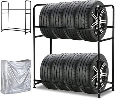 Produktbild von Reifenständer, 2X Reifenregal 8 Reifen 107 x 46 x 117cm,Felgenbaum für Autoreifen Ladekapazität 180kg,Felgenregal mit Reifenschutzhülle,für Keller Werkstatt,Höhenverstellung Lagerregale