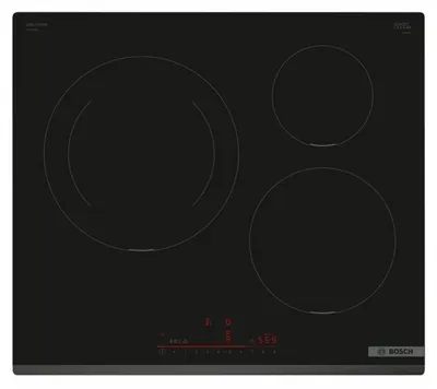 A black induction cooktop with three heating elements and a digital display.