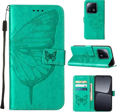 Produktbild von Lederhülle für Xiaomi 13 Pro Schmetterling Prägung Flip Ledertasche Kartenfächer Handyhülle mit Ständer Grün