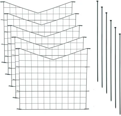 A set of garden fence elements and stakes arranged on a white background.