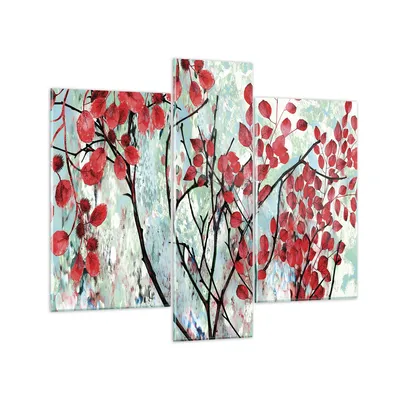 Produktbild von Bilder auf glas - 3 Teile - Rot Blätter Zweige - 95x80cm - Glasbilder - Wandbilder - Bilder - zum Aufhängen bereit - Wanddekoration aus Glas - Glas Bilder - Wandbild auf Glas - GCB95x80-4508
