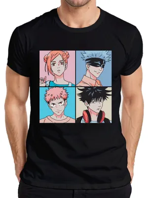 Productafbeelding van Jujutsu Kaisen anime poster, heren T-shirt met afbeelding van Gojo, Itadori, Fushiguro en Kugisaki, zwart, maat XL