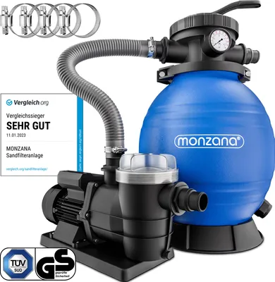 Image de MONZANA® Pompe filtre à sable 9,6 m³ auto-amorçante pour piscines jusqu’à 30 m³ préfiltre vanne 7 voies raccord 2en1 Ø32-38mm système de filtration à sable