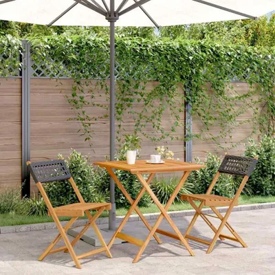Produktbild von 3-teiliges Gartenmöbel-Set aus schwarzem Poly-Rattan und Massivholz mit Gartentisch und Stühlen für Balkon, Terrasse und Garten, klappbare Lounge-Möbel für den Außenbereich
