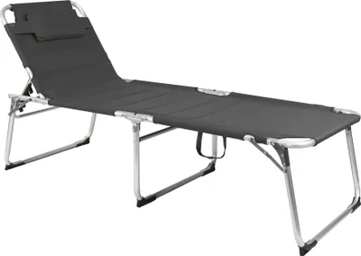 A dark gray, foldable chaise lounge with a silver metal frame is shown against a white background.