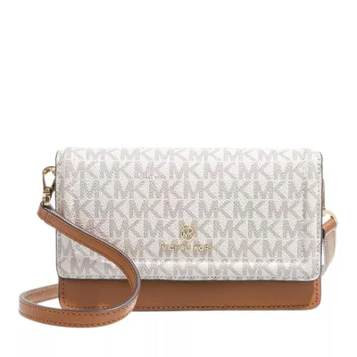A white and brown Michael Kors women's travel bag with a repeating MK logo pattern.