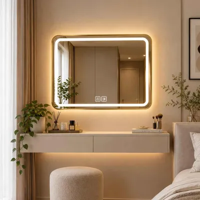 Produktbild von Zimilo LED Badspiegel 60x40 cm mit Beleuchtung & Goldrahmen: Touch-Schalter, 3 Lichtfarben, Intelligente Anti-Beschlag-Funktion & Splitterschutzglas